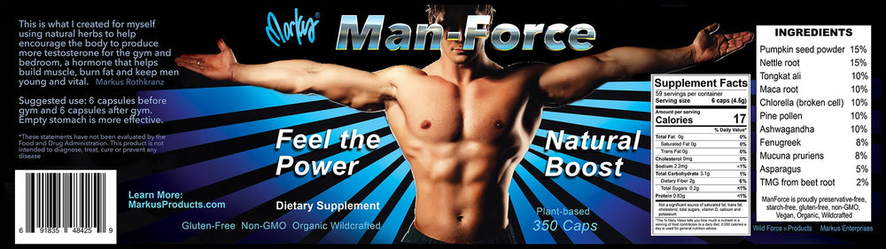 Wild Force Man Force ingredients herbs label, illustrating natural plant-based support.