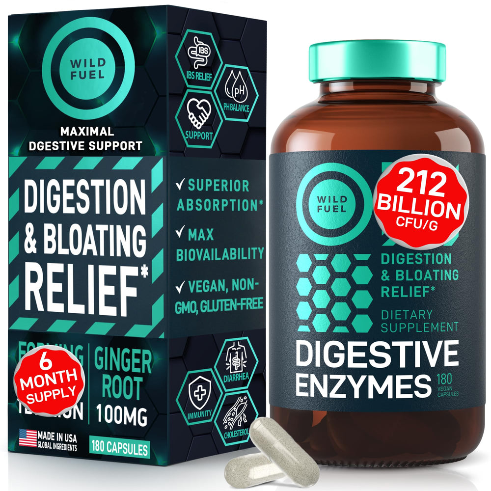 Wild Fuel digestive enzymes bottle front shows vegan gut support