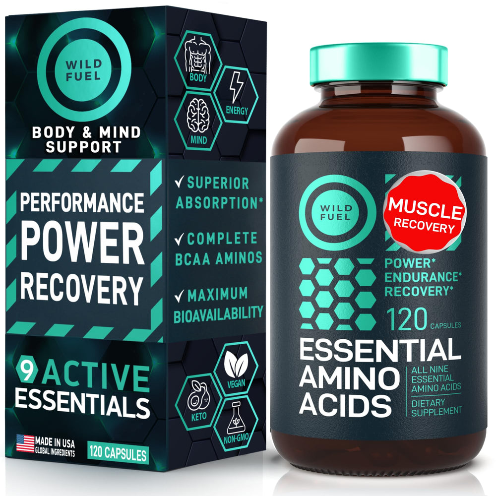 Wild Fuel essential amino acids bottle with 120 vegan capsules for daily recovery.