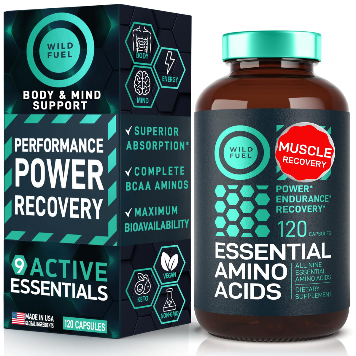 Wild Fuel essential amino acids bottle with 120 vegan capsules for daily recovery.