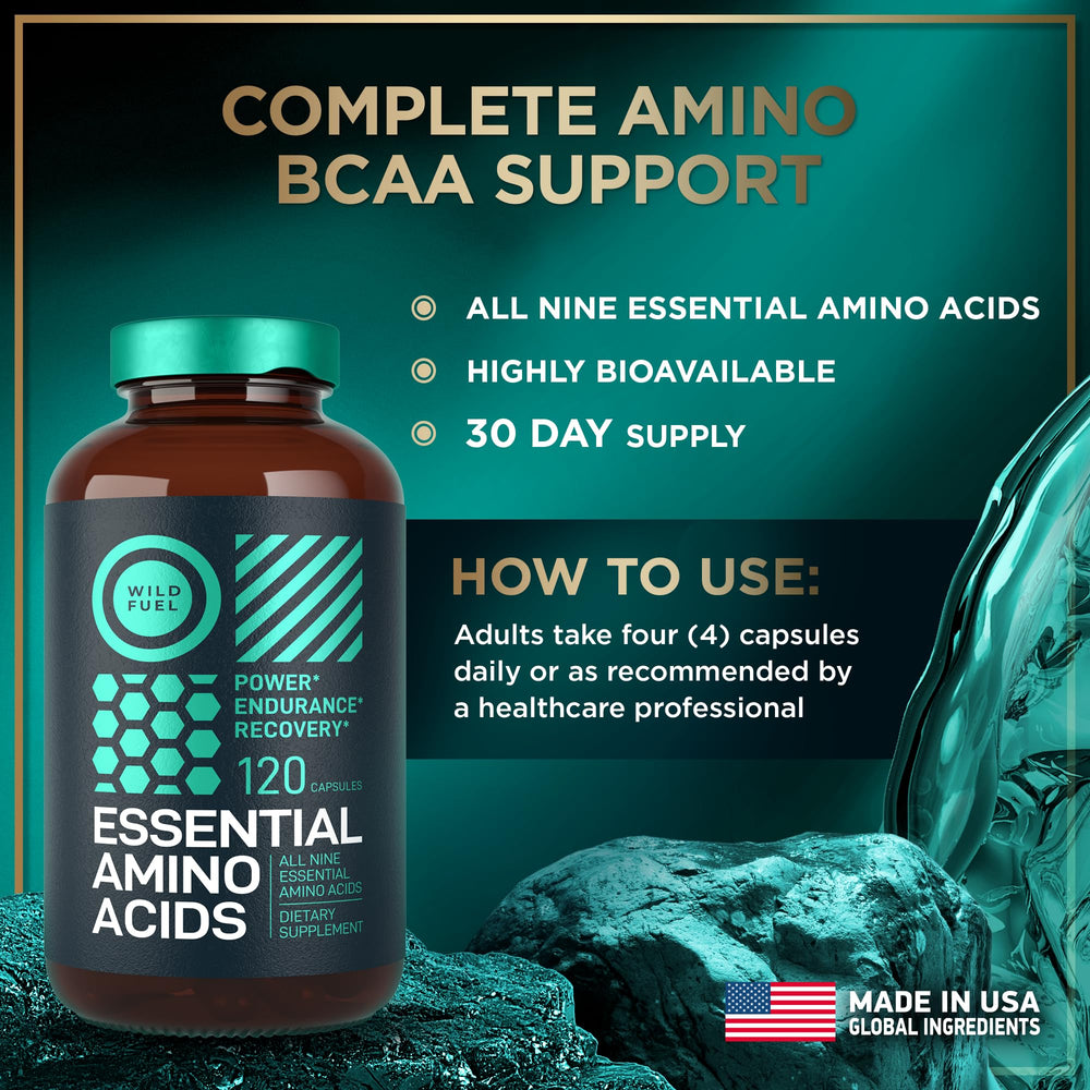 WILD FUEL label focus image highlights essential amino acids for overall wellness.