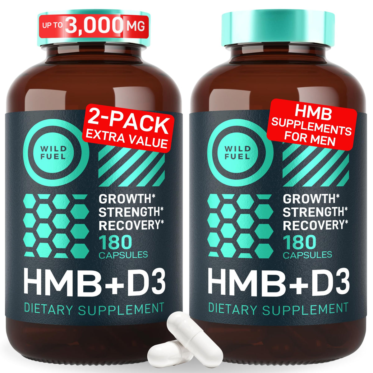 Wild Fuel HMB-D3 capsules bottle front for on-the-go fitness support.