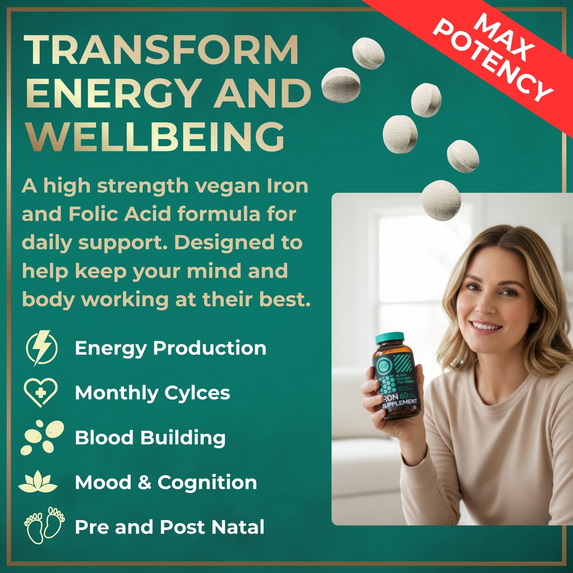 Wild Fuel iron pills close-up highlights tablet texture for easy daily use.