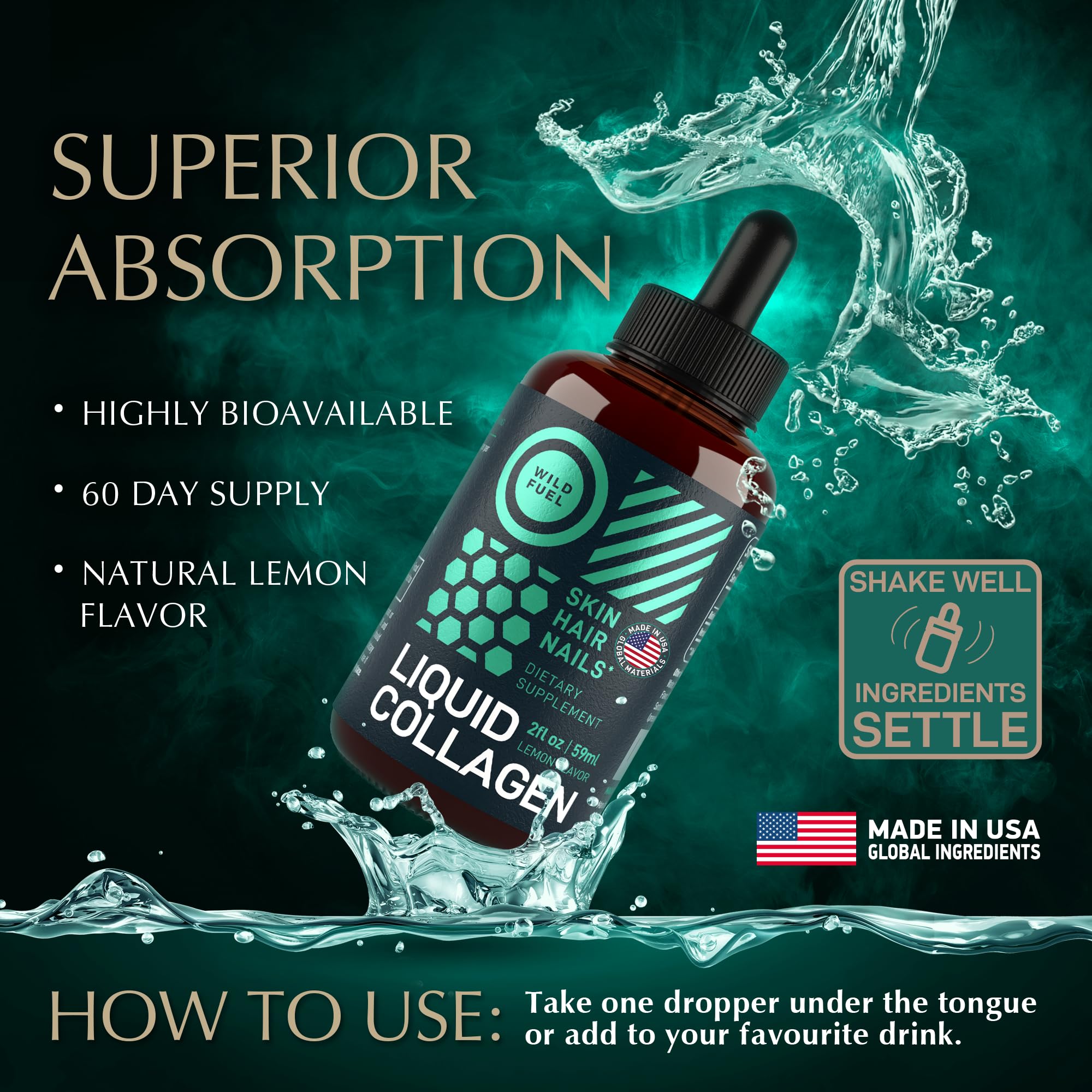 Wild Fuel Liquid Collagen Biotin Lemon Drop dropper enables easy daily dosing.