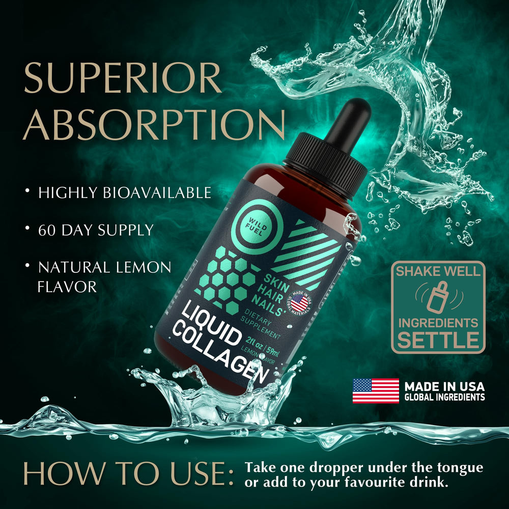 Wild Fuel Liquid Collagen Biotin Lemon Drop dropper enables easy daily dosing.