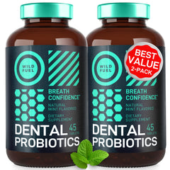 WILD FUEL Oral Probiotics bottle front shows breath-refreshing benefits.