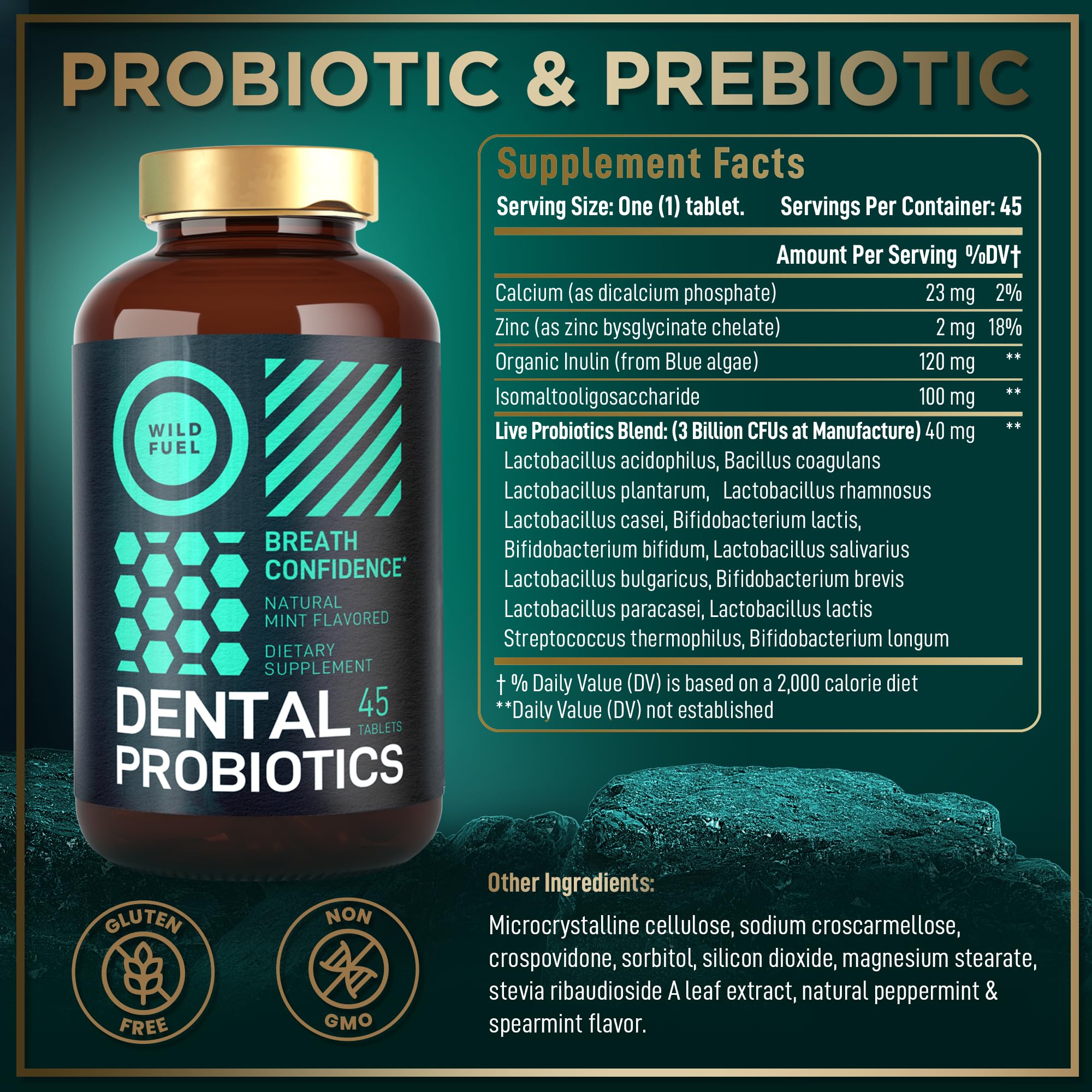 WILD FUEL dental probiotics packaging highlights 3B CFU.