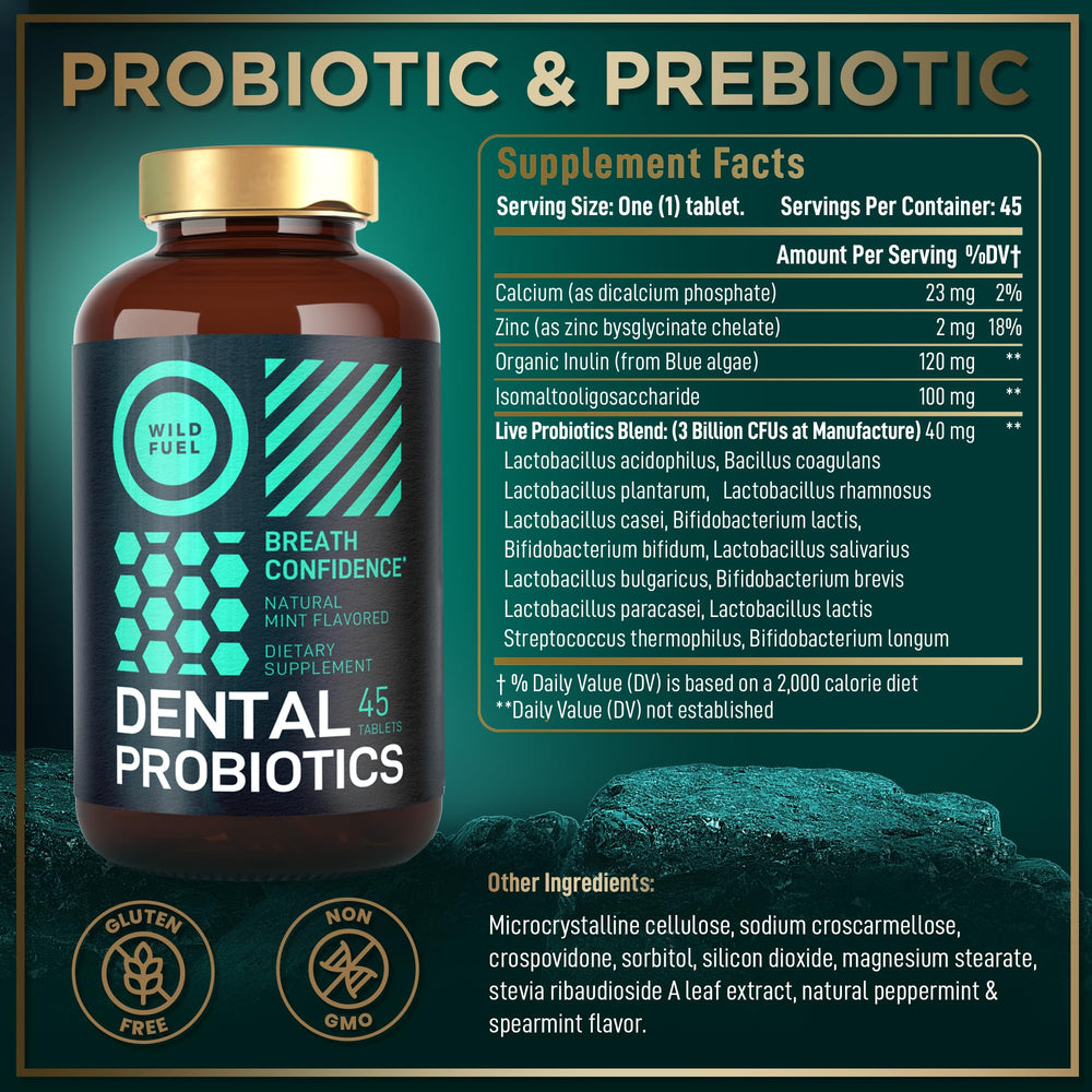 WILD FUEL dental probiotics packaging highlights 3B CFU.