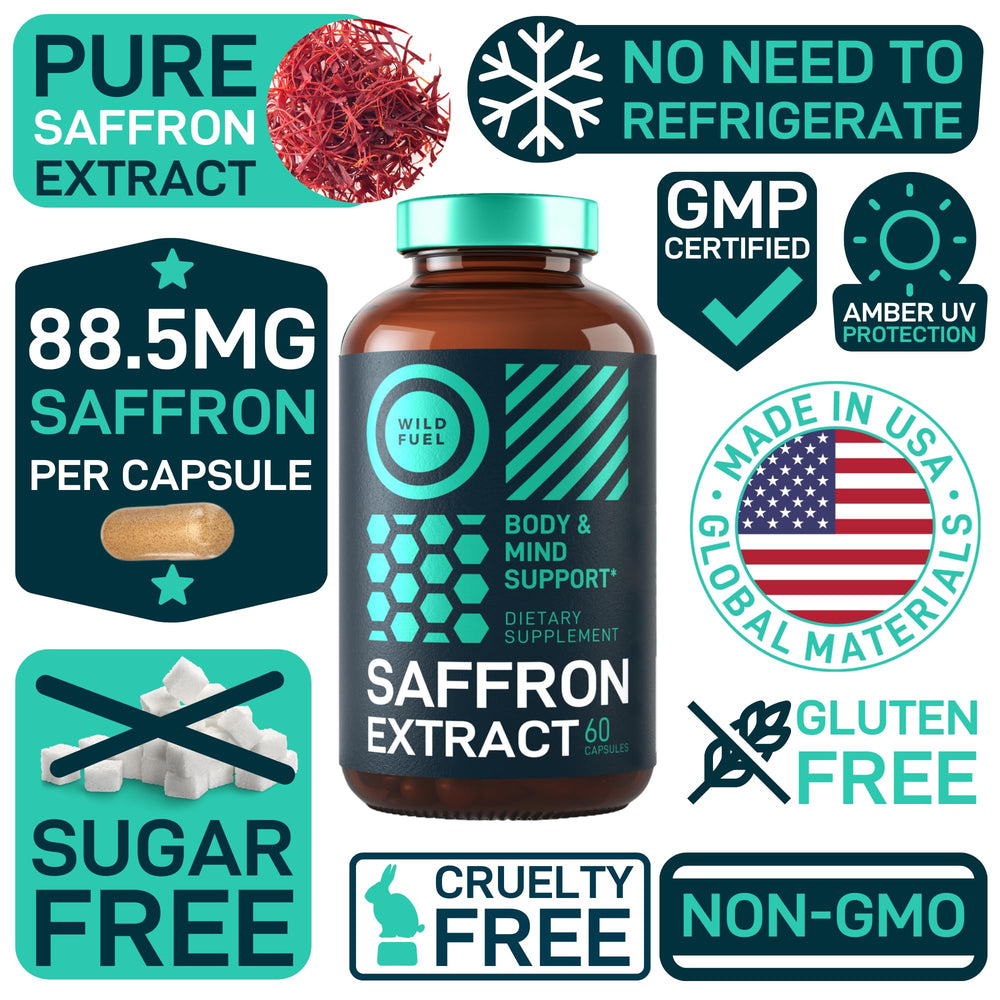 Packaging visual emphasizing gluten-free, non-GMO vegan saffron supplement features.