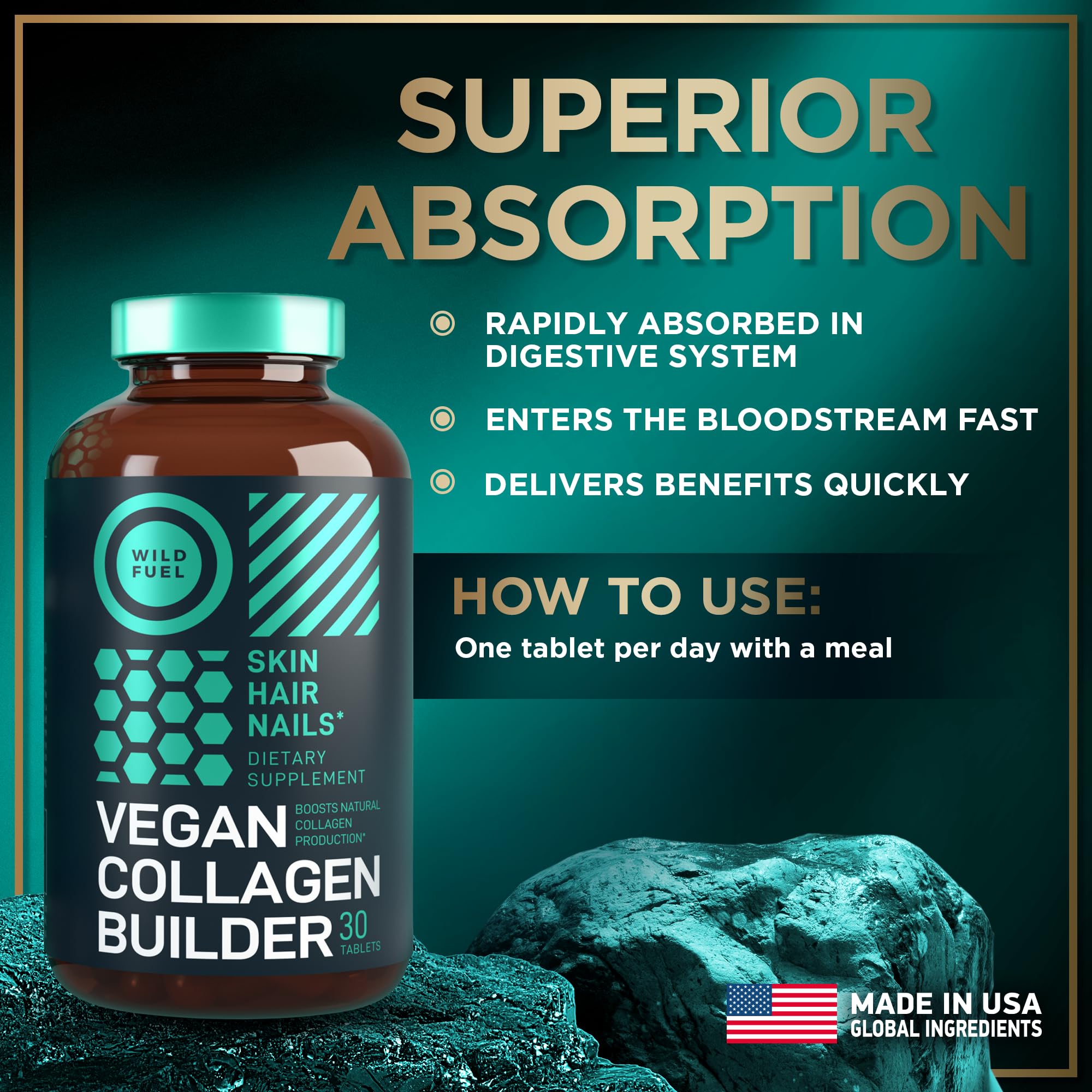WILD FUEL iconography highlighting vegan and organic superfood labels.