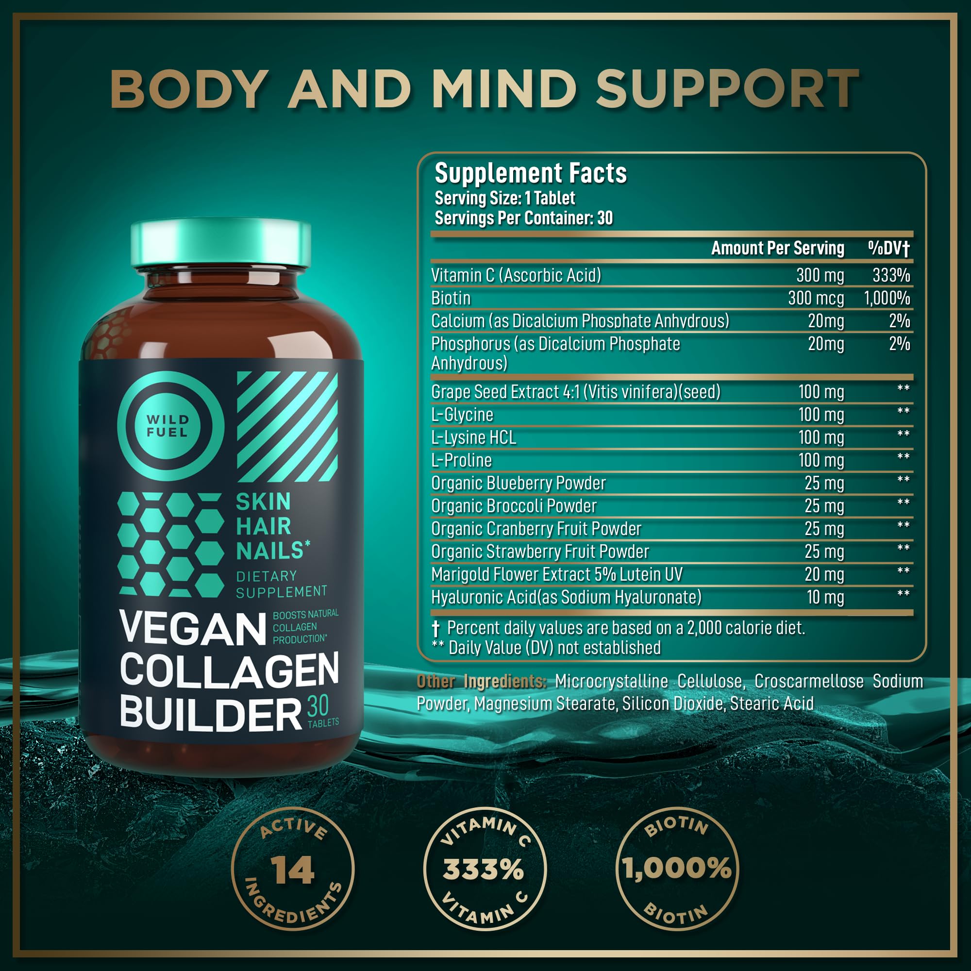 WILD FUEL ingredients panel highlights amino acids and organic extracts for collagen support.