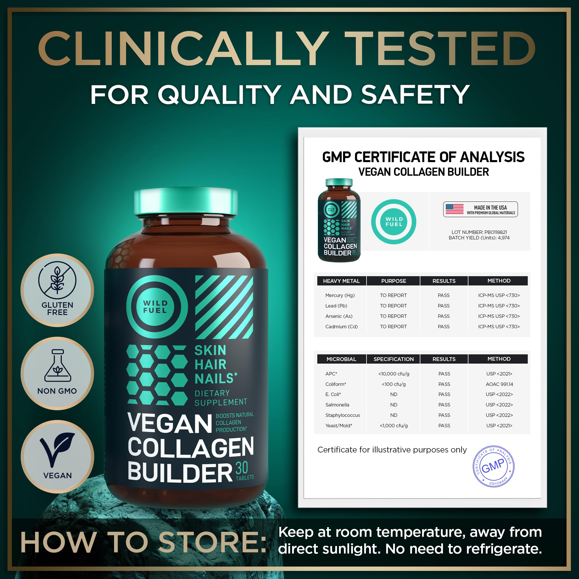 WILD FUEL vitamin C note emphasizes antioxidant support for collagen maintenance.