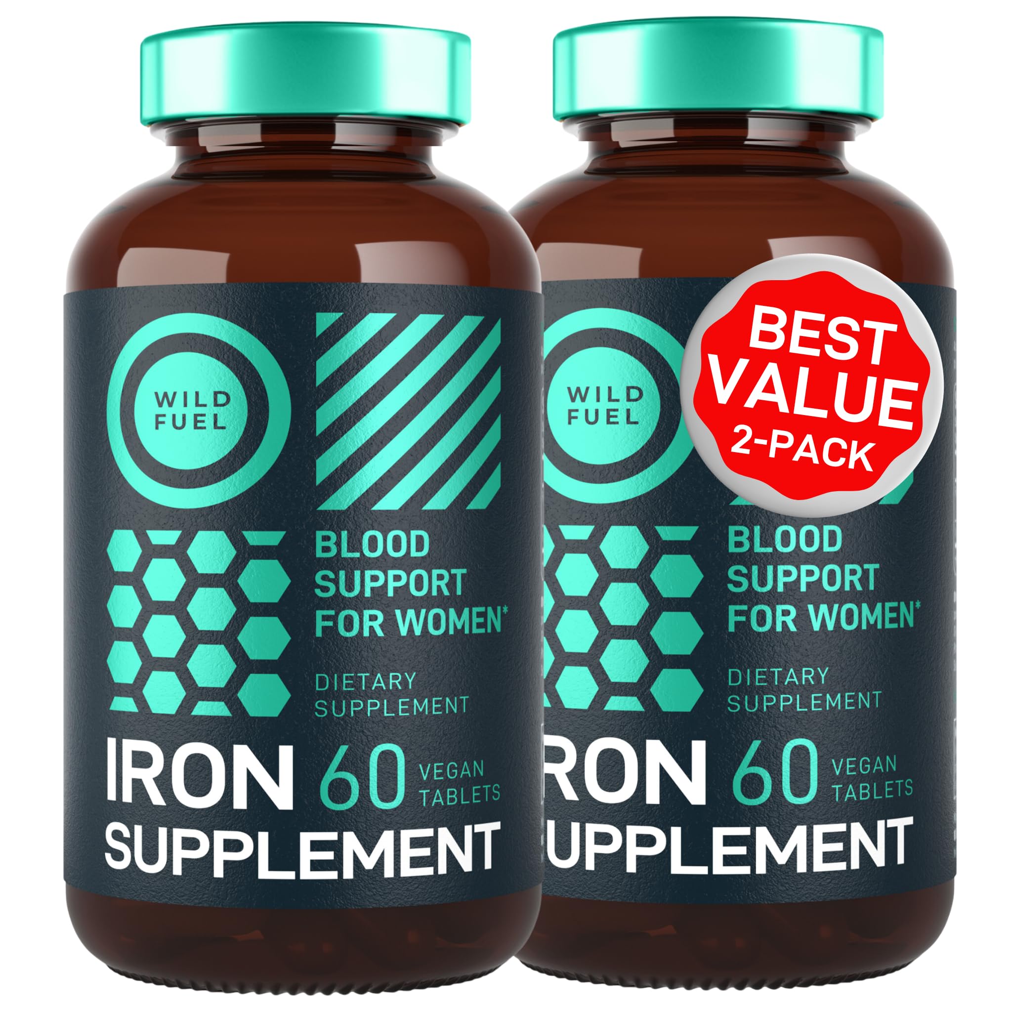 Wild Fuel vegan iron supplement bottle front showing branding and iron-rich formula for daily support.