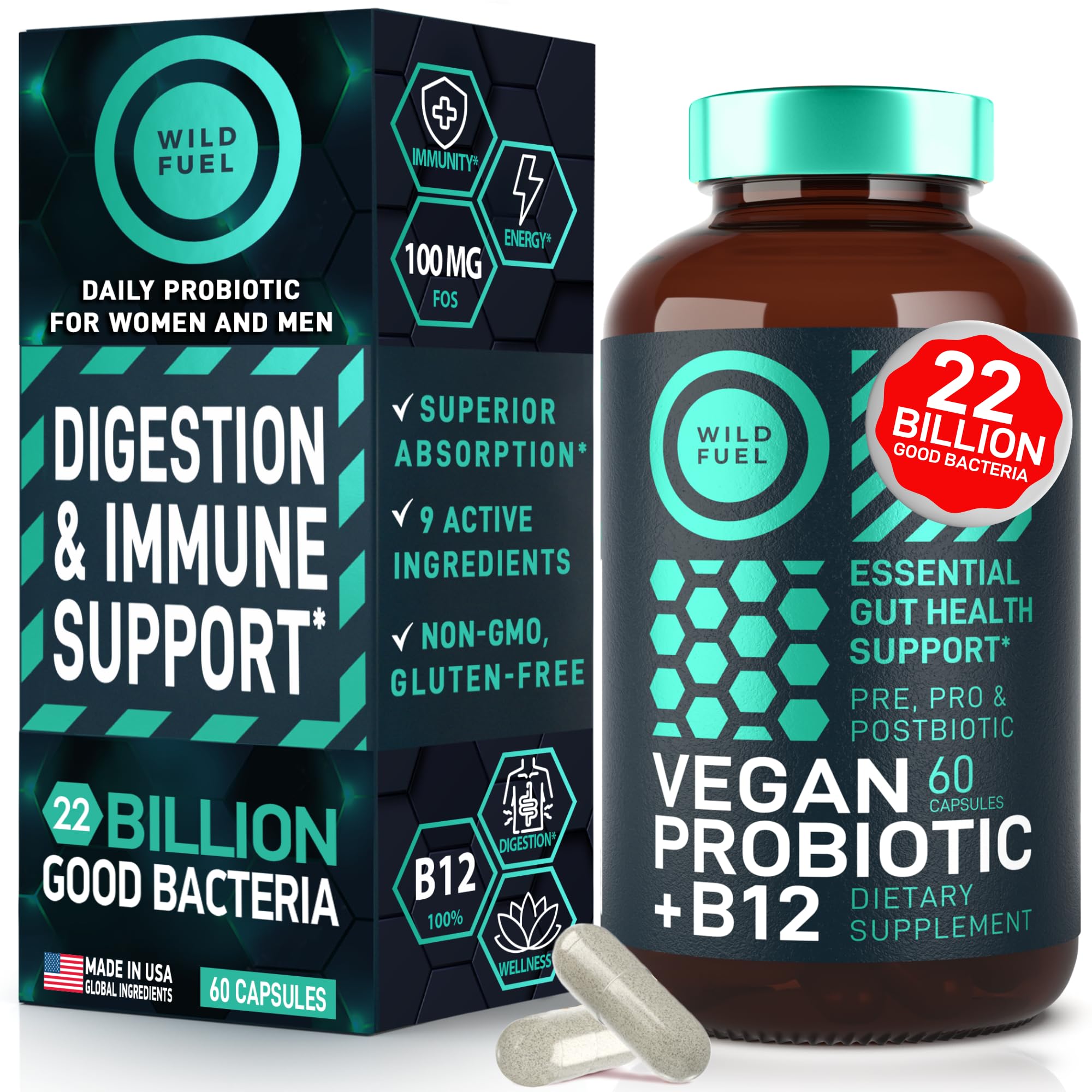 Wild Fuel Vegan Probiotic Plus B12 & FOS bottle for gut health support
