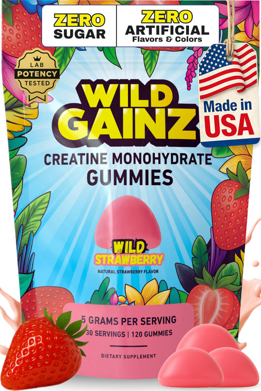 WILD GAINZ Creatine Gummies bottle front showing convenient daily supplementation