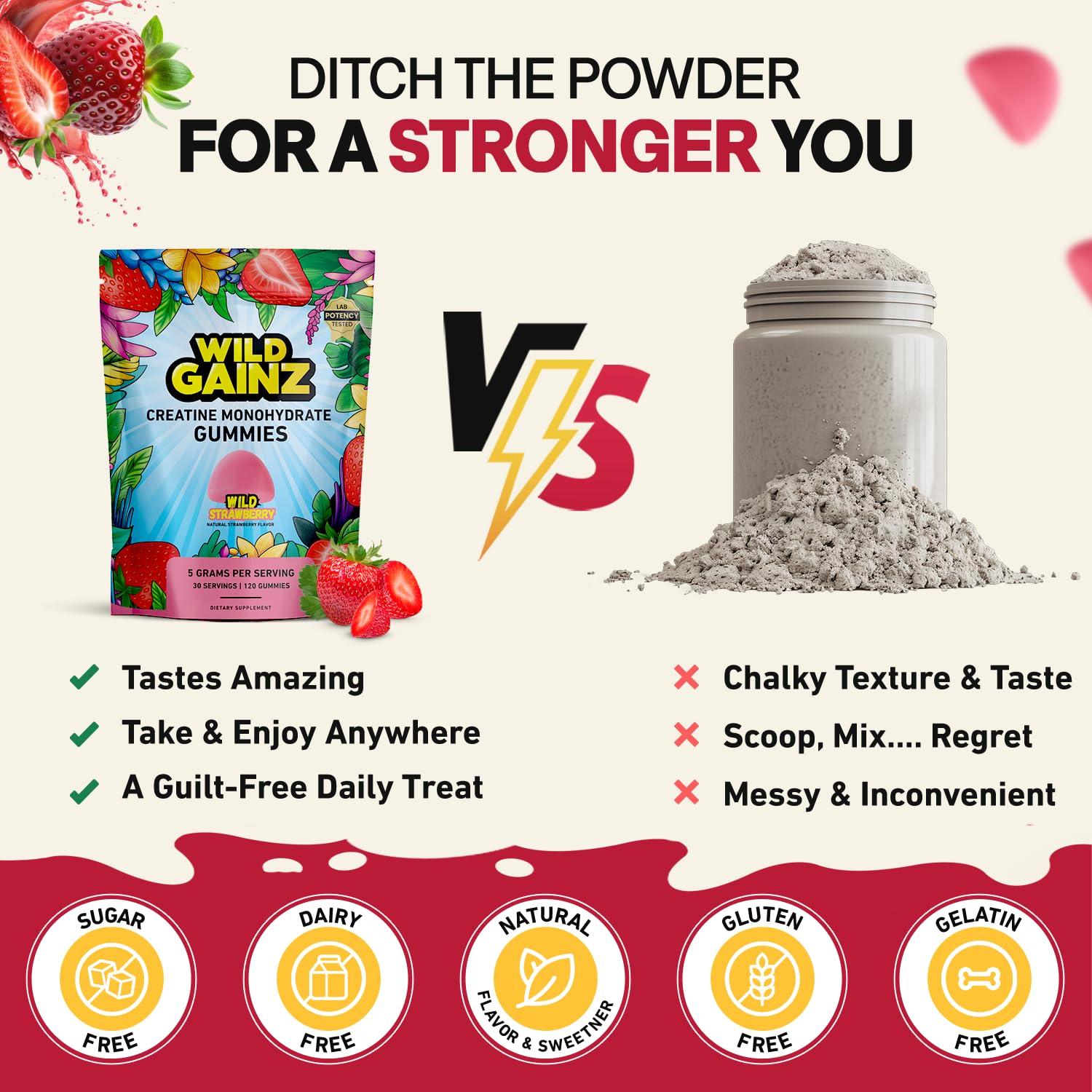 WILD GAINZ Creatine Gummies jar on gym bag for travel dosing