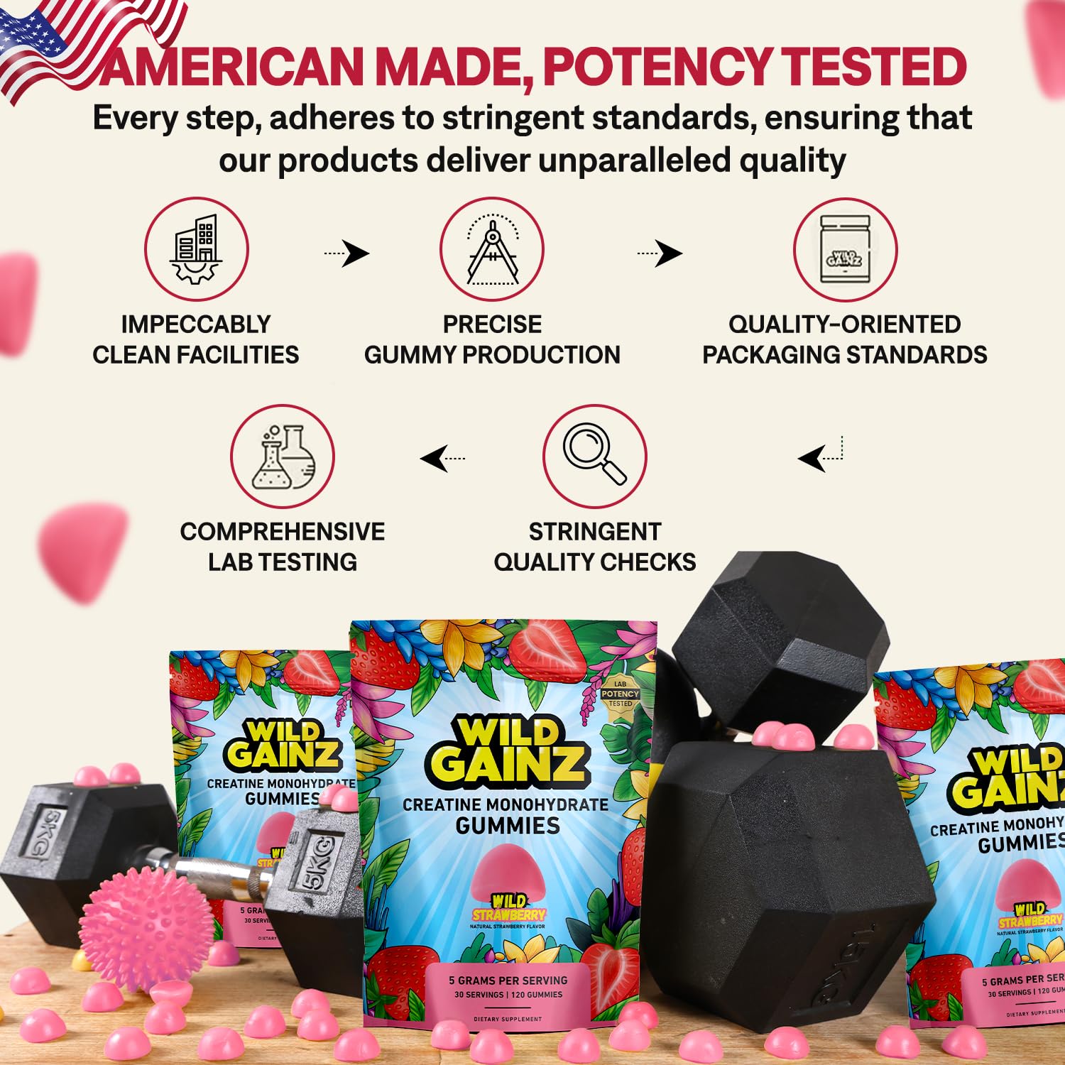 WILD GAINZ Creatine Gummies packaging with vegan and gluten-free badges