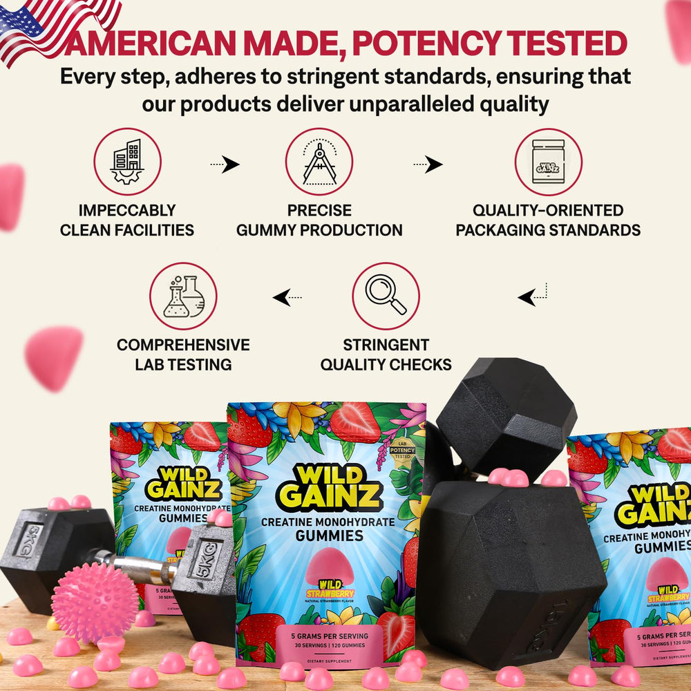 WILD GAINZ Creatine Gummies packaging with vegan and gluten-free badges