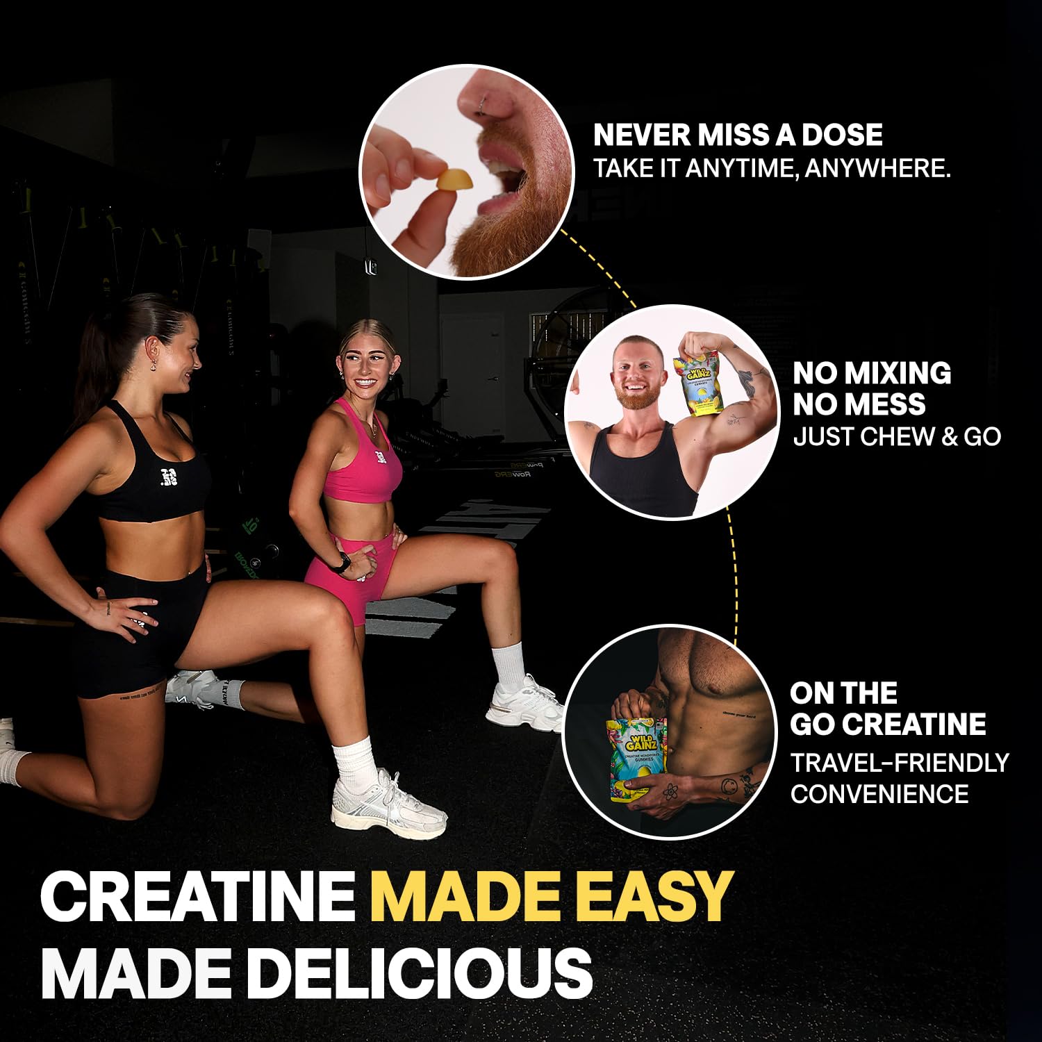 Wild Gainz gummies shown in a workout setting for post-exercise convenience.