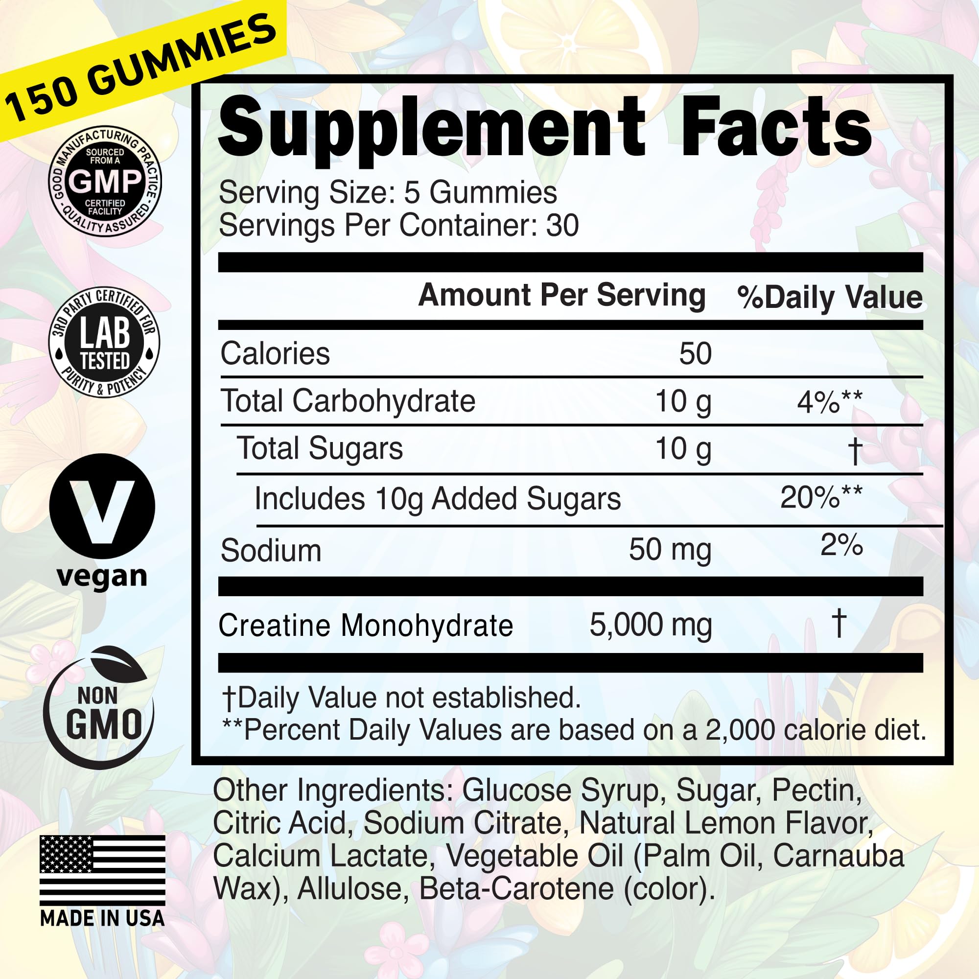 Gluten-free icon and nutrition label on Wild Gainz gummies box.