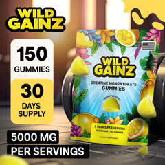 Wild Gainz creatine gummies close-up showing lemon flavor and chewable texture.