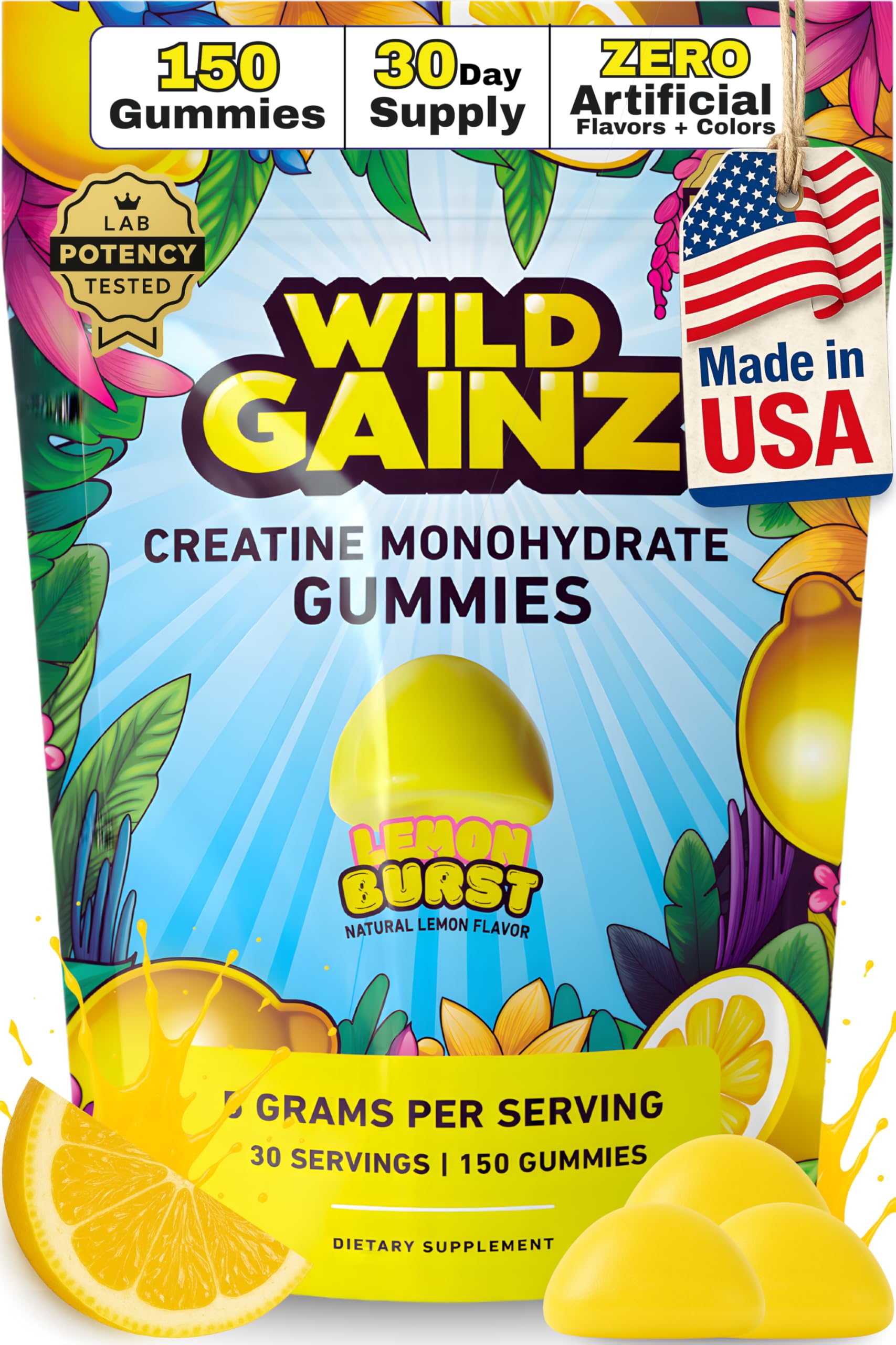 Wild Gainz Creatine Monohydrate Gummies lemon pack front for convenient daily dosing.