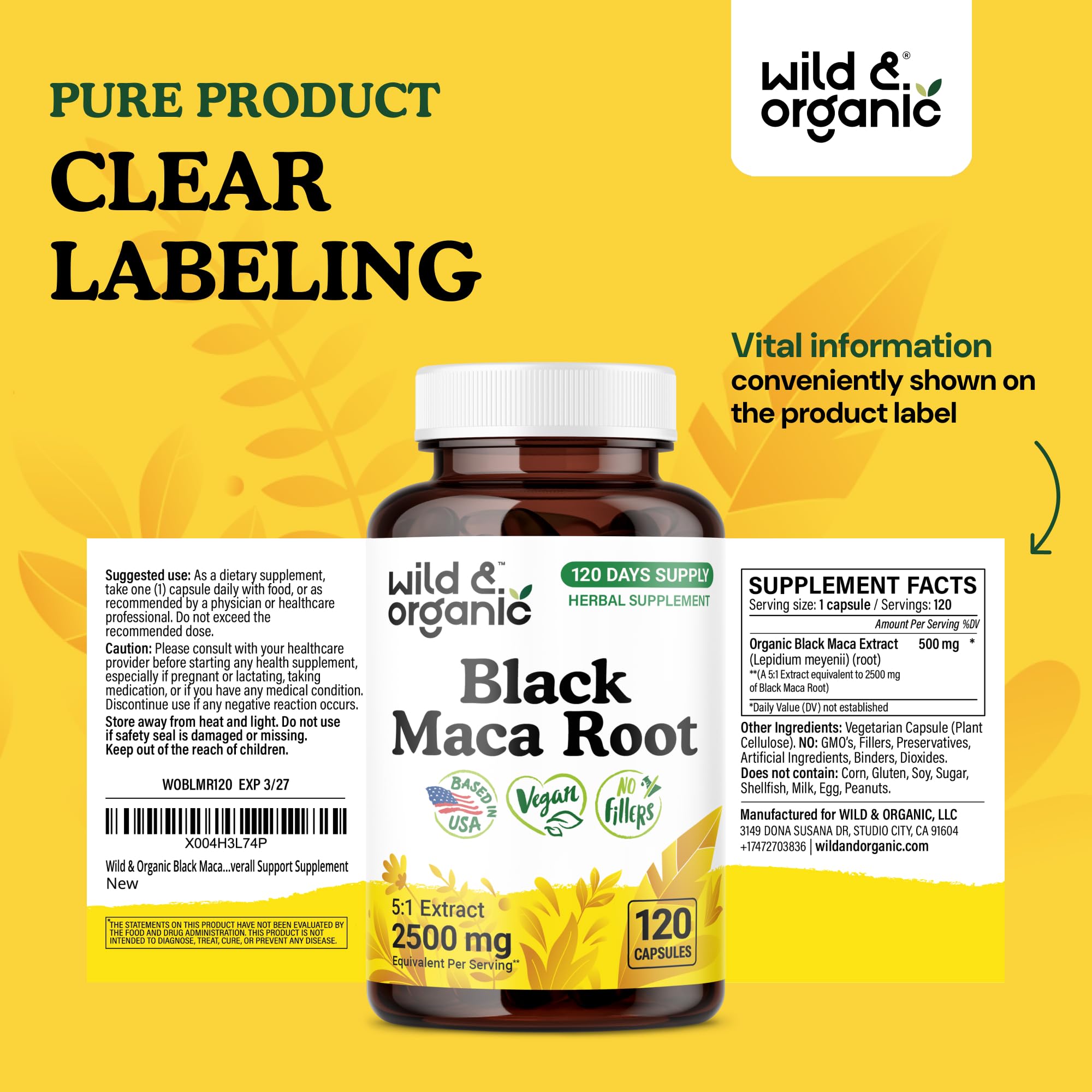 120-day supply bottle of Wild & Organic maca capsules