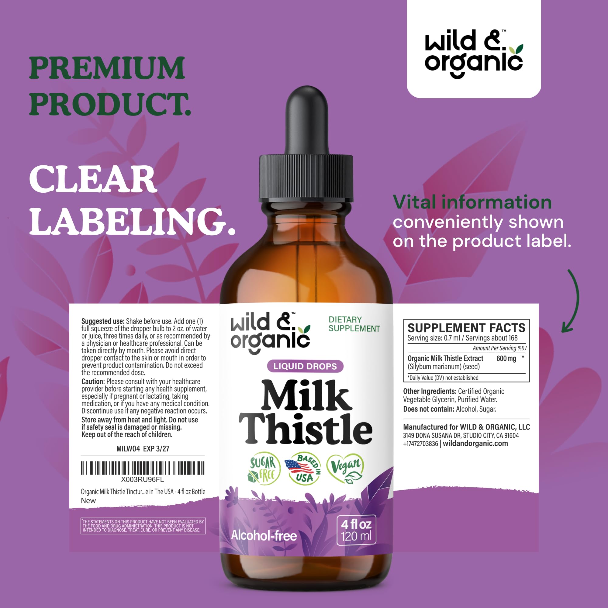 Wild & Organic bottle label highlights 600 mg per serving