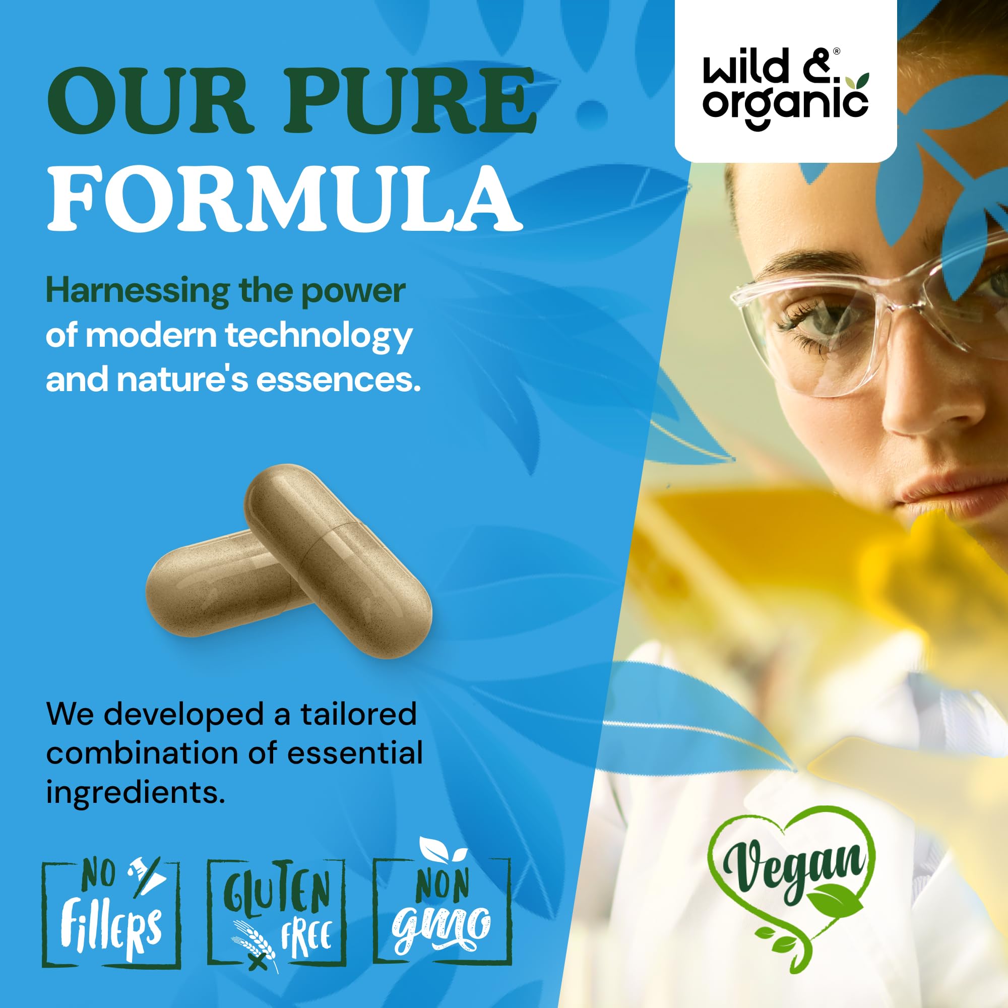 Wild & Organic capsules lifestyle image of person taking capsule with water.