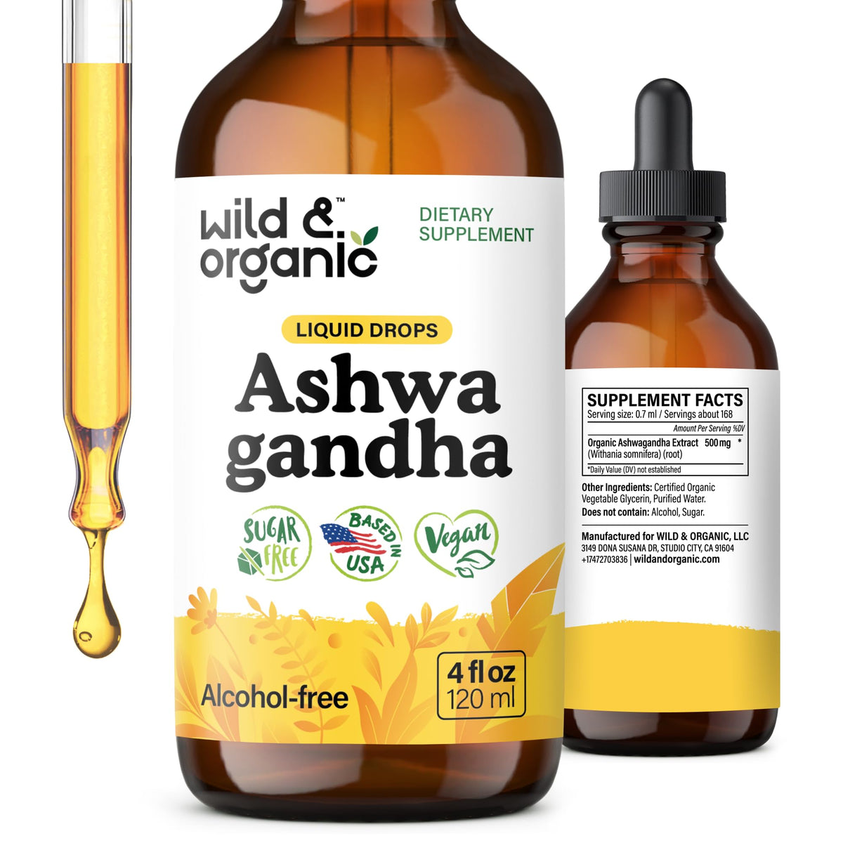 Wild & Organic Ashwagandha Drops bottle front for mood support.