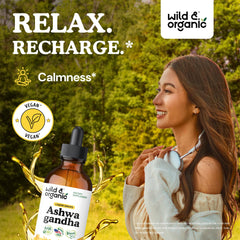 Wild & Organic Ashwagandha Drops bottle side view highlighting label.
