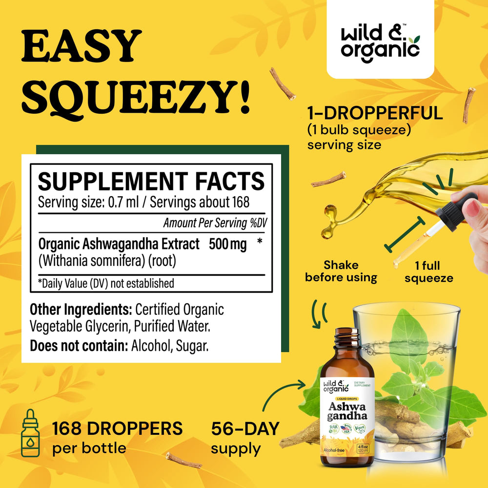 Wild & Organic Ashwagandha Drops dropper pouring into glass for use.