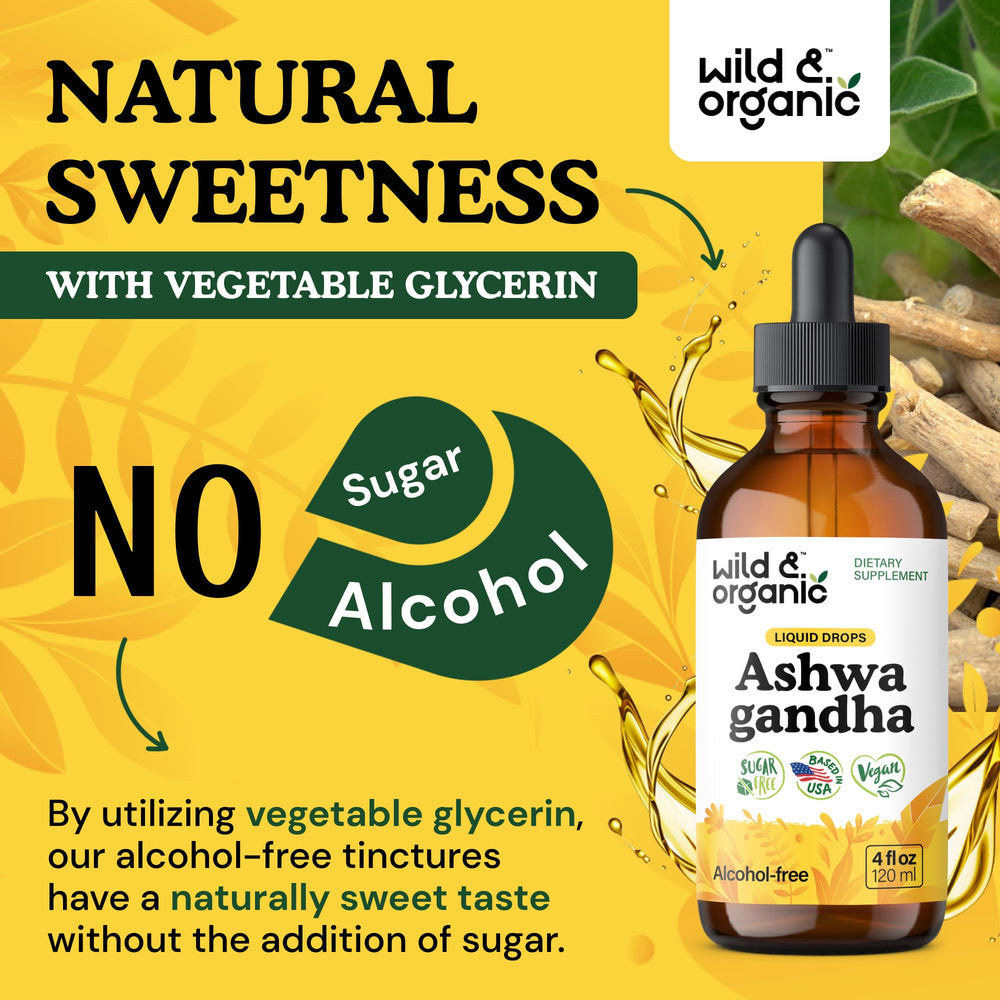 Wild & Organic Ashwagandha Drops ingredient label close-up featuring vegan glycerin.