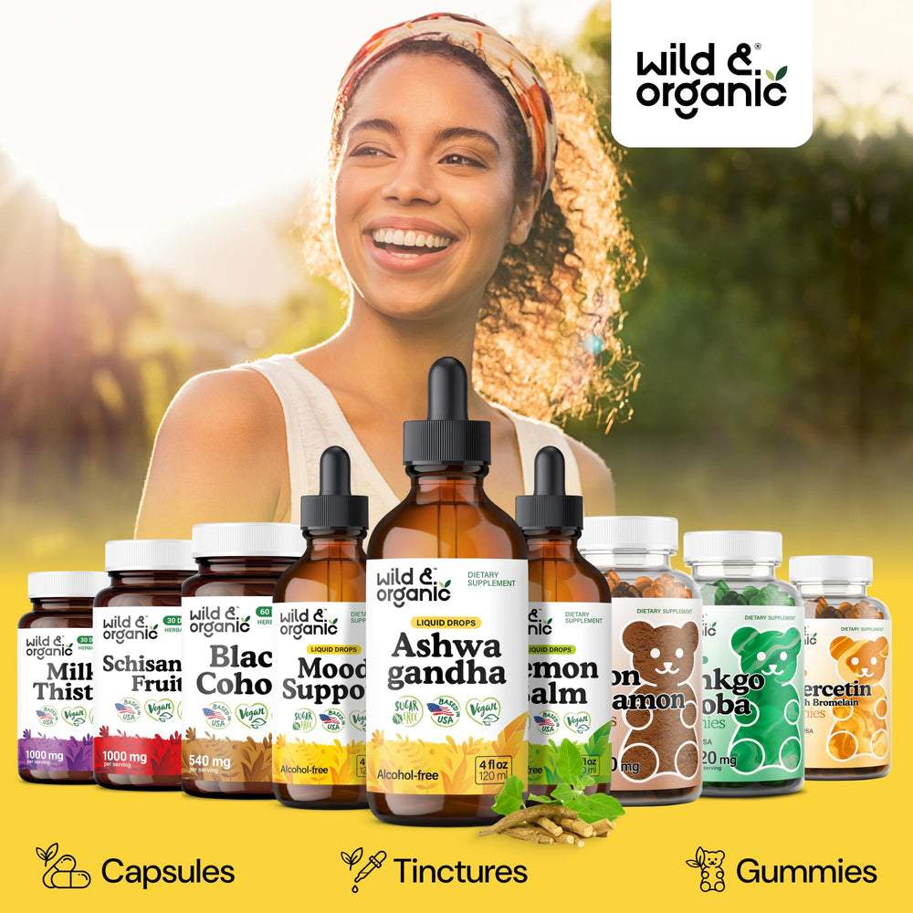 Wild & Organic Ashwagandha Drops spoon and bottle showing dosage setup.