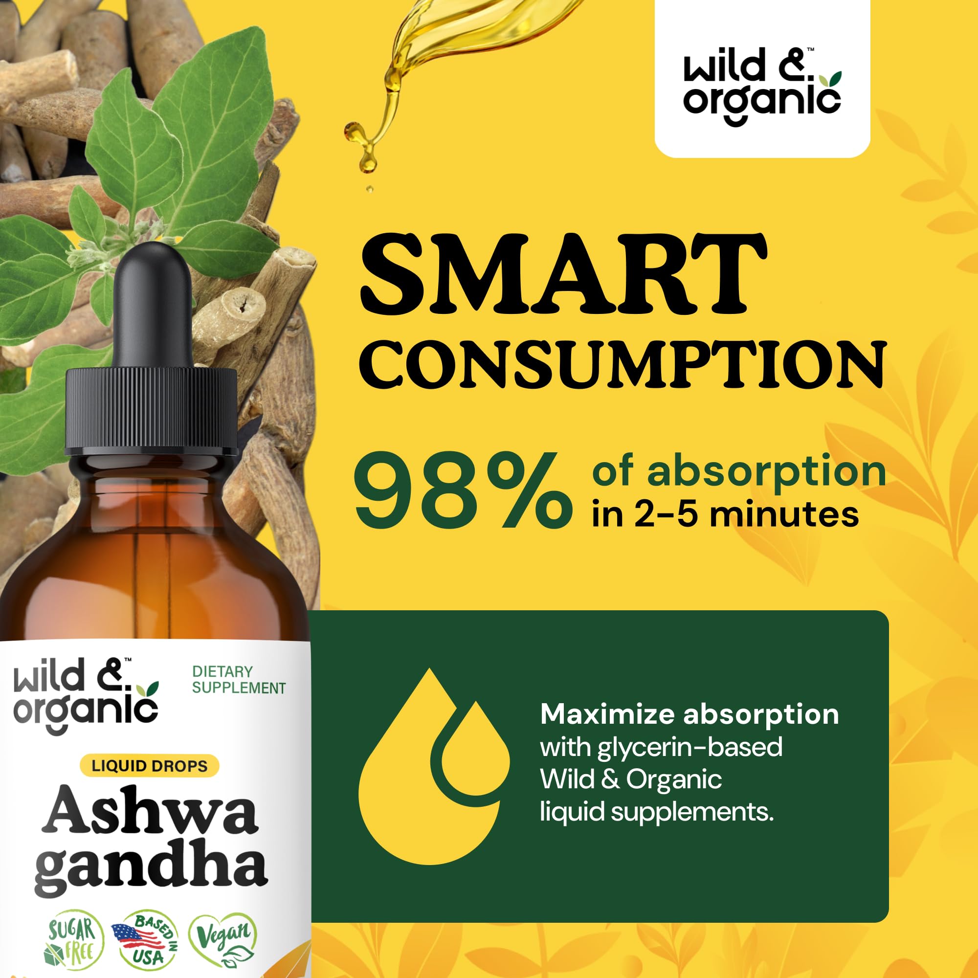 Wild & Organic Ashwagandha Drops tea-mix ready for relaxing ritual.