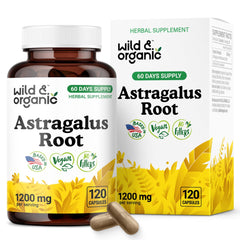 Wild & Organic astragalus capsules bottle front showing 1200 mg per serving for potential immune support
