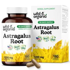 Wild & Organic astragalus capsules bottle highlighting 1200 mg per serving for immune-related support.