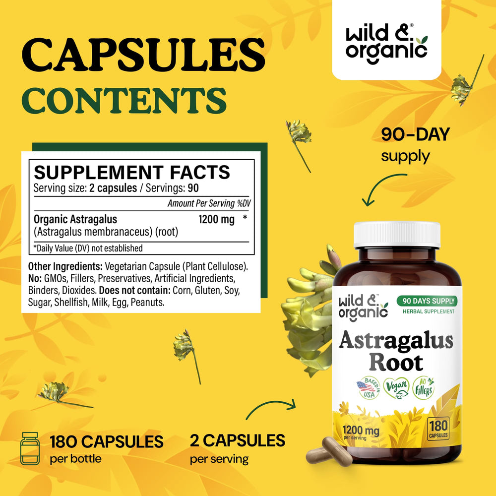 Wild & Organic astragalus capsules close-up shows smooth, easy-to-swallow design.