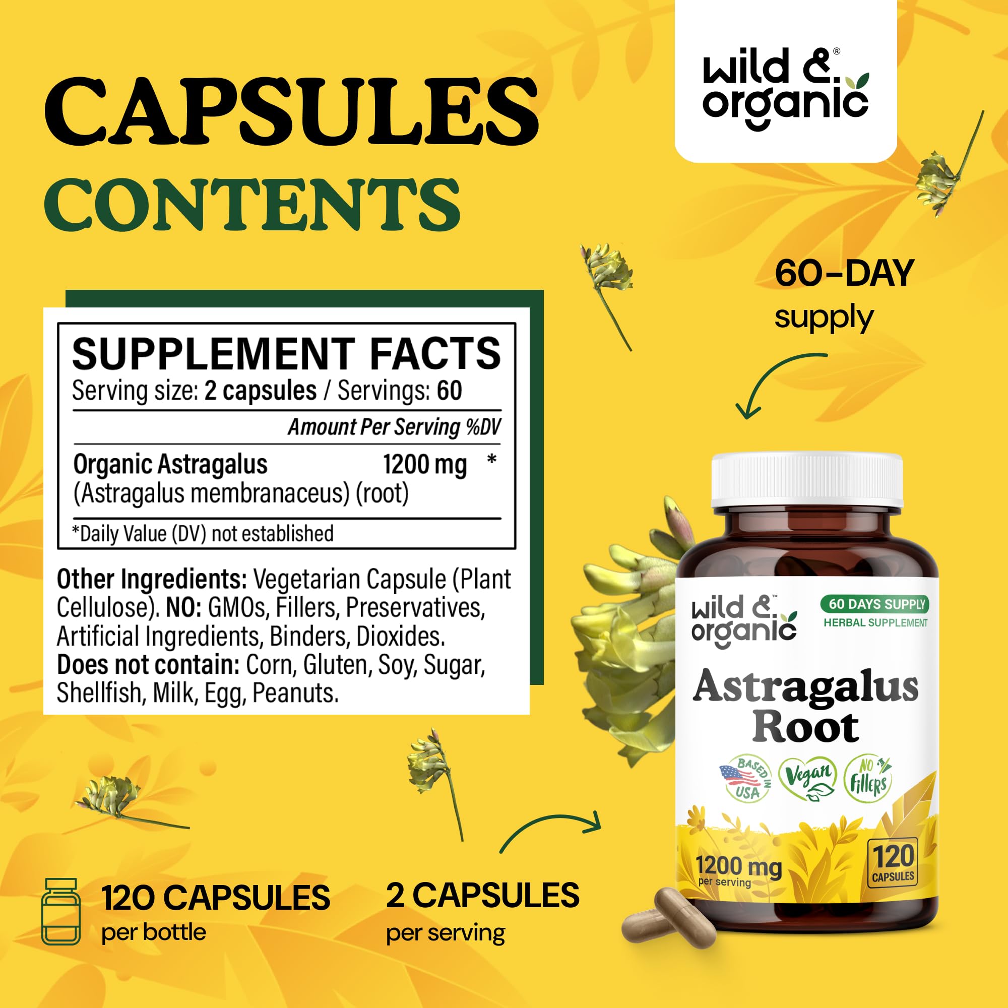 Wild & Organic astragalus capsules inside bottle ready for daily use