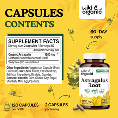 Wild & Organic astragalus capsules inside bottle ready for daily use