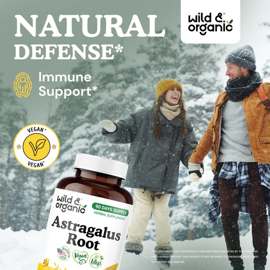 Wild & Organic astragalus capsules packaging with label emphasizing vegan, non-GMO formula.