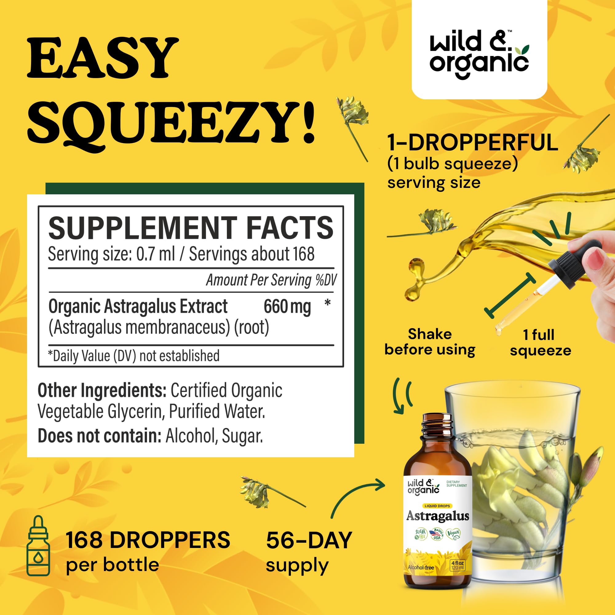 Wild & Organic astragalus ingredient label highlights natural, GMO-free formula.