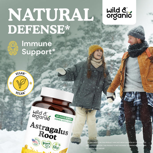 Wild & Organic label closeup highlighting vegan and non-GMO formula with no fillers
