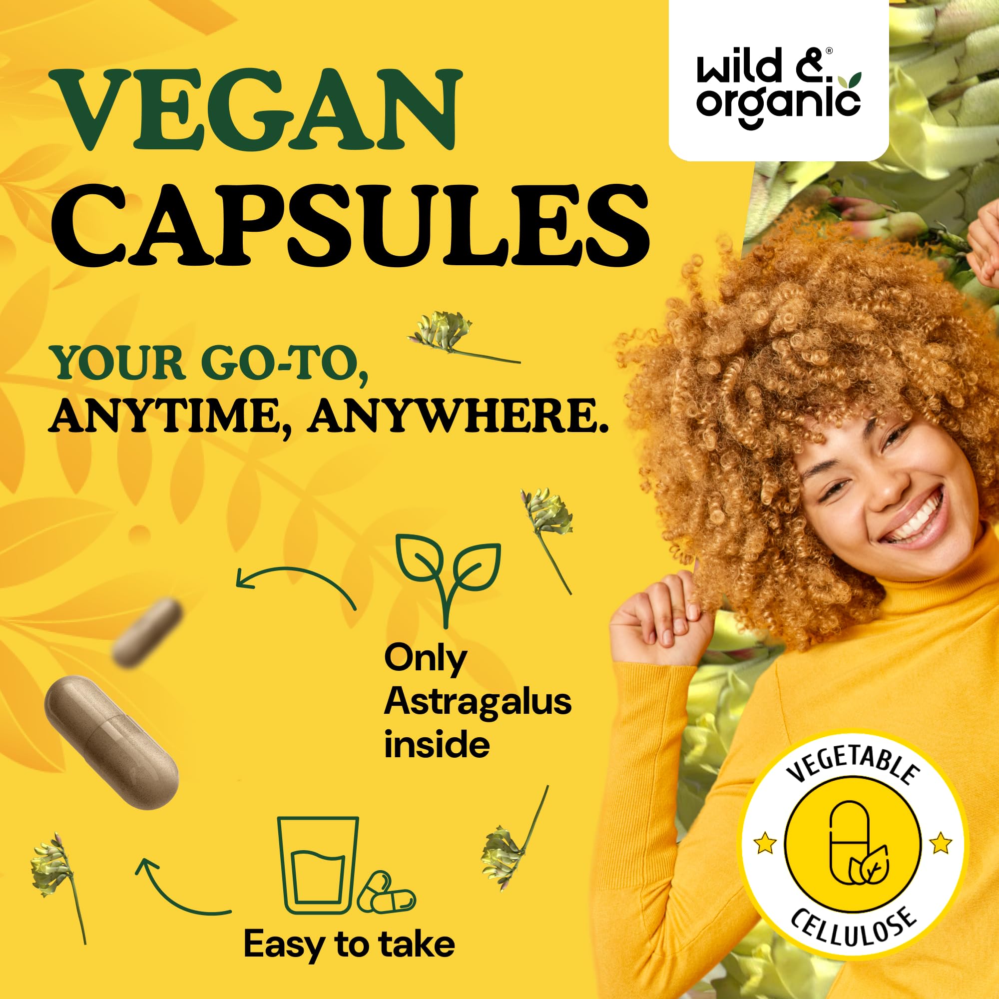 Wild & Organic astragalus root powder vial emphasizes natural sourcing.