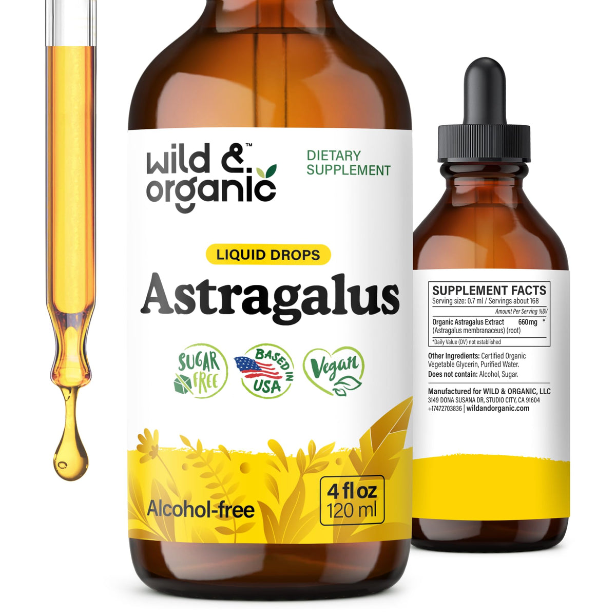 Wild & Organic astragalus tincture bottle shows vegan, alcohol-free formula.