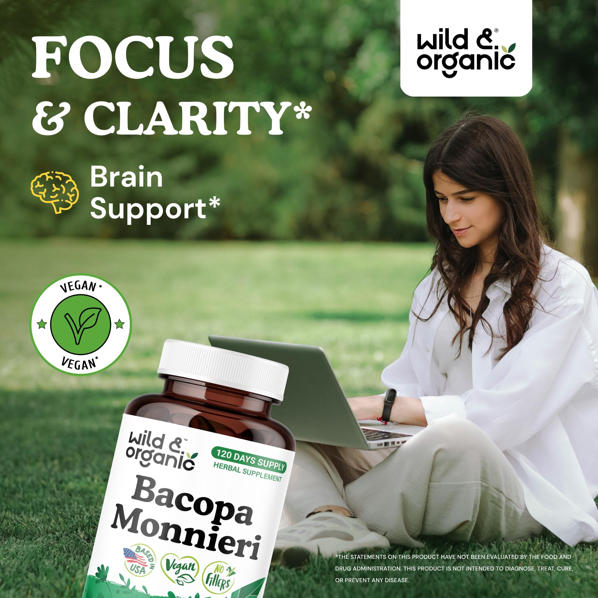 Wild & Organic bacopa monnieri capsules label closeup highlighting vegan non-GMO formula