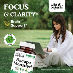 Wild & Organic bacopa monnieri capsules label closeup highlighting vegan non-GMO formula