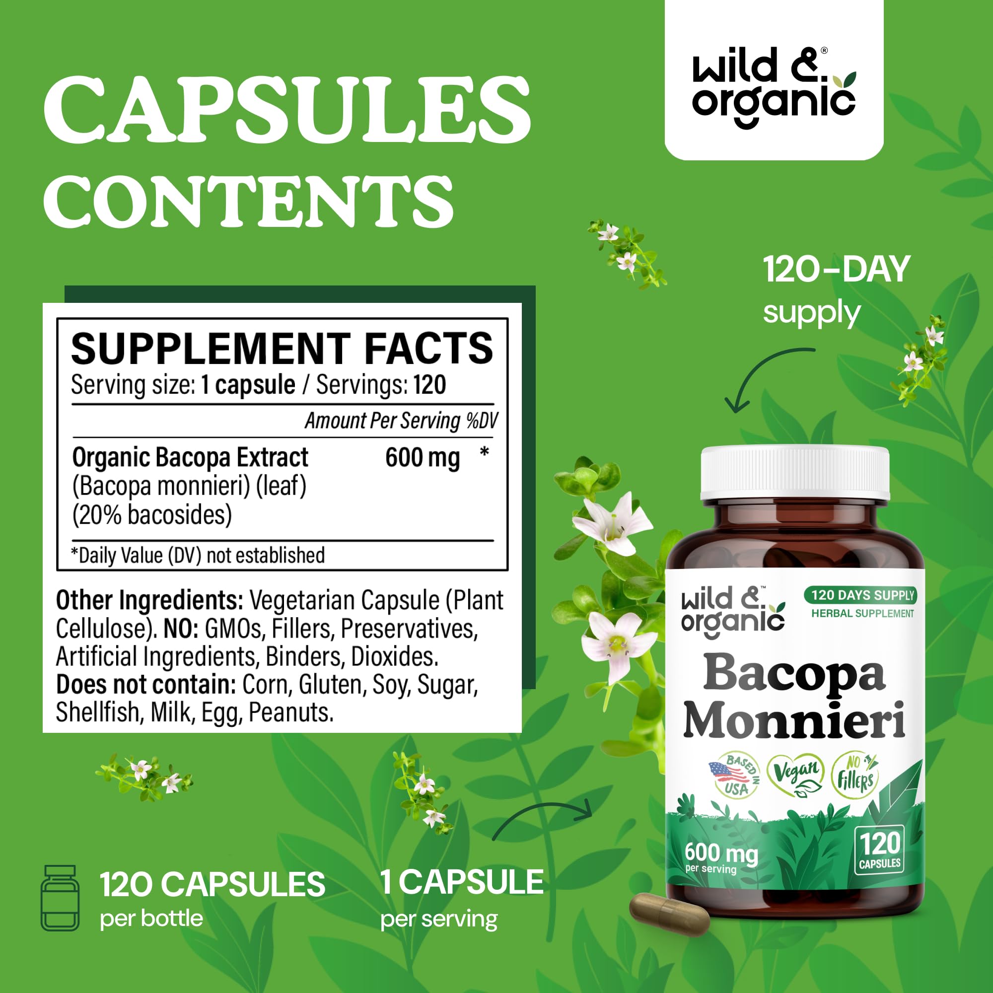 Wild & Organic bacopa monnieri capsules packaging front indicating a 120-day supply