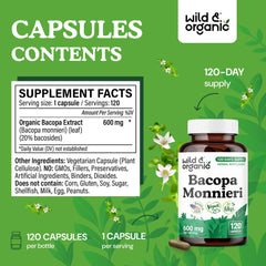 Wild & Organic bacopa monnieri capsules packaging front indicating a 120-day supply