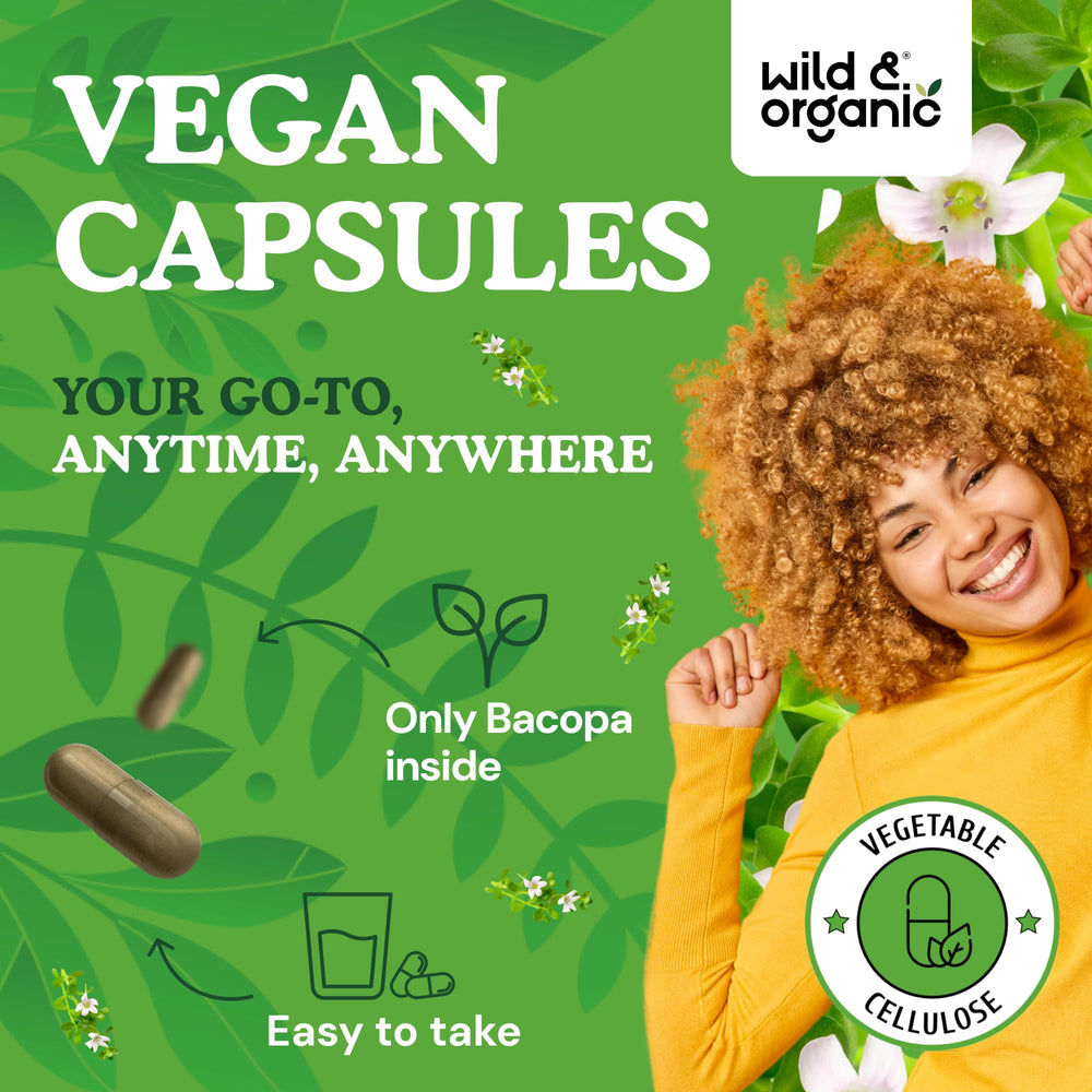 Wild & Organic bacopa monnieri capsules tablet closeup suggesting easy-to-take design